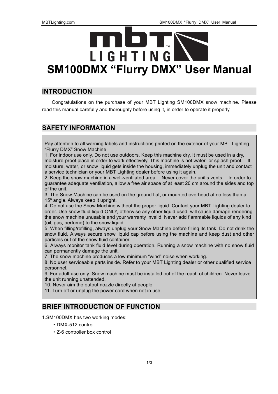 MBT Lighting SM100DMX User Manual | 3 pages