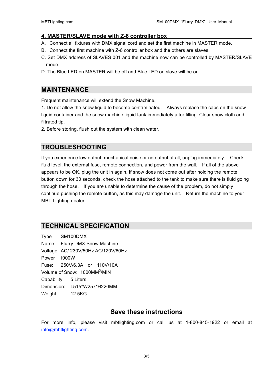 Maintenance, Troubleshooting, Technical specification | Save these instructions | MBT Lighting SM100DMX User Manual | Page 3 / 3