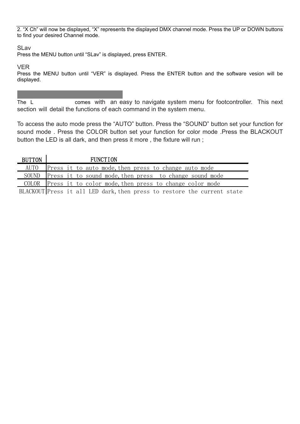 On-footcontroller system menu | MBT Lighting LEDBRITEPACK User Manual | Page 5 / 7