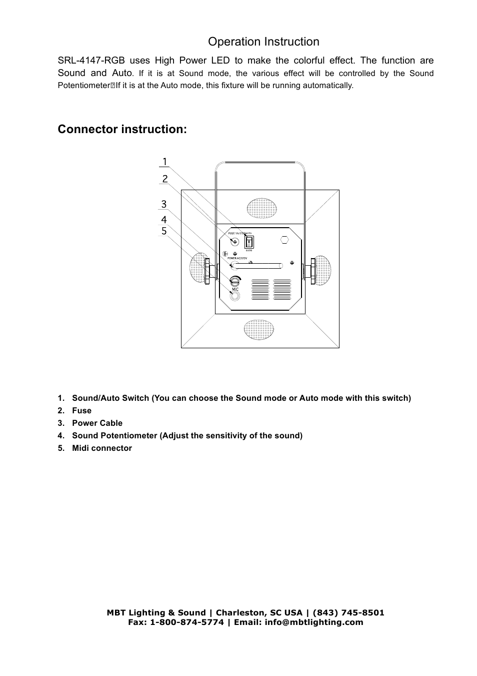 Operation instruction, Connector instruction | MBT Lighting LEDKINGTUT User Manual | Page 2 / 3