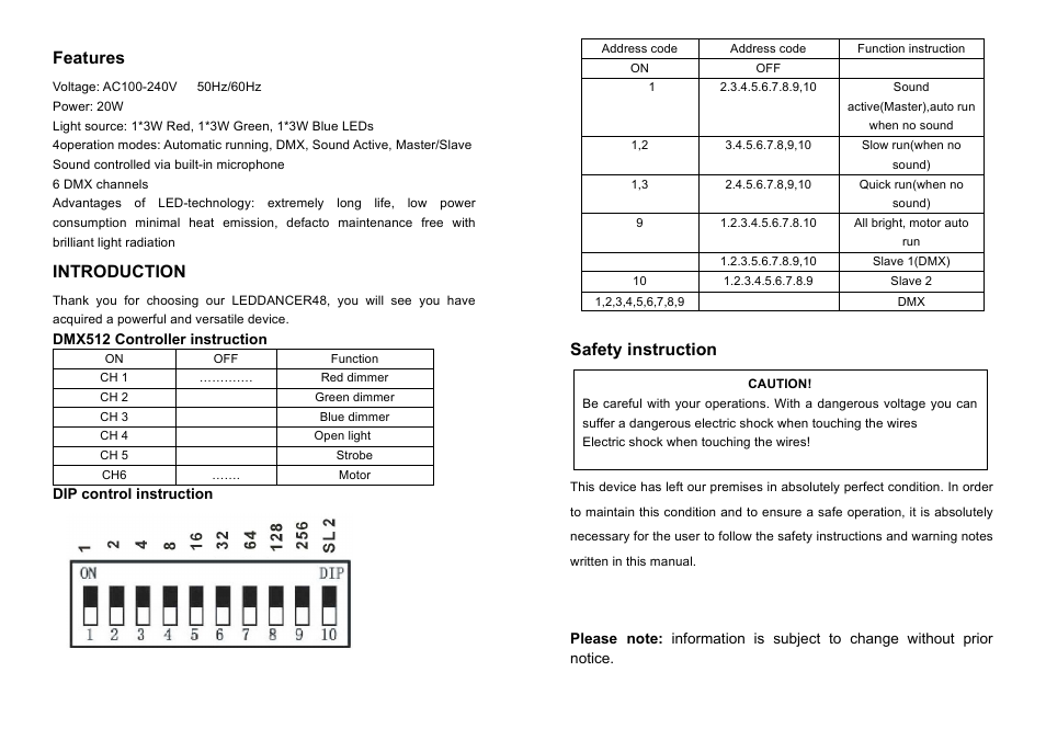 Features, Introduction, Safety instruction | MBT Lighting LEDDANCER48 User Manual | Page 2 / 2