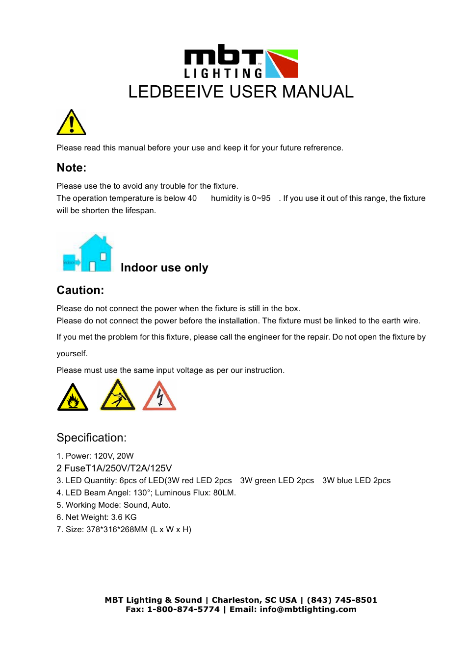 MBT Lighting LEDBEEHIVE User Manual | 3 pages