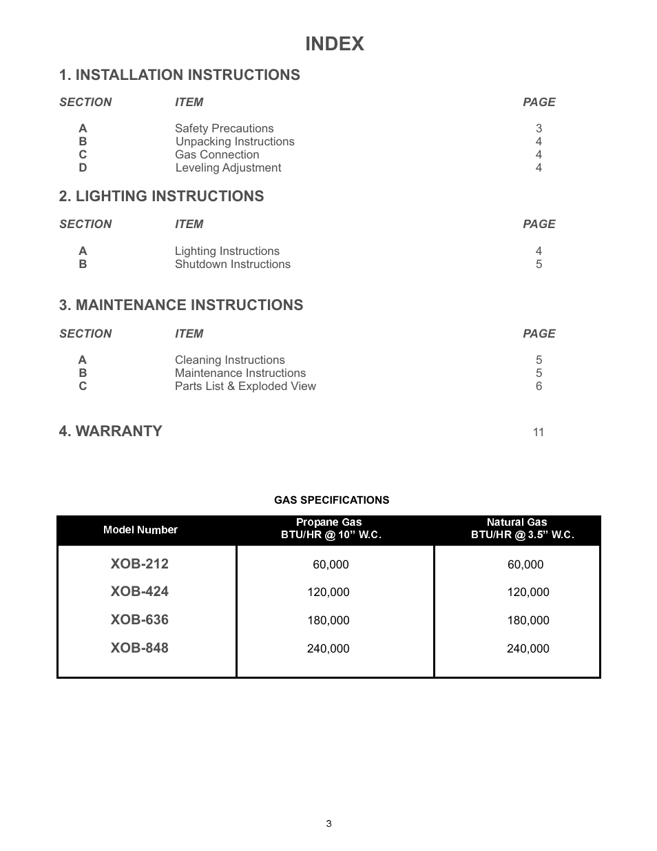Index | Bakers Pride XOB-636 User Manual | Page 3 / 8