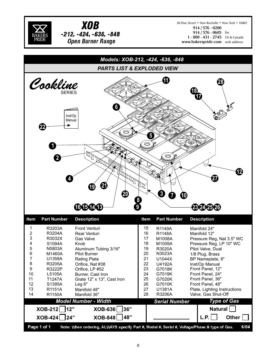 Cookline, Open burner range | Bakers Pride XOB-636 User Manual | Page 6 / 8
