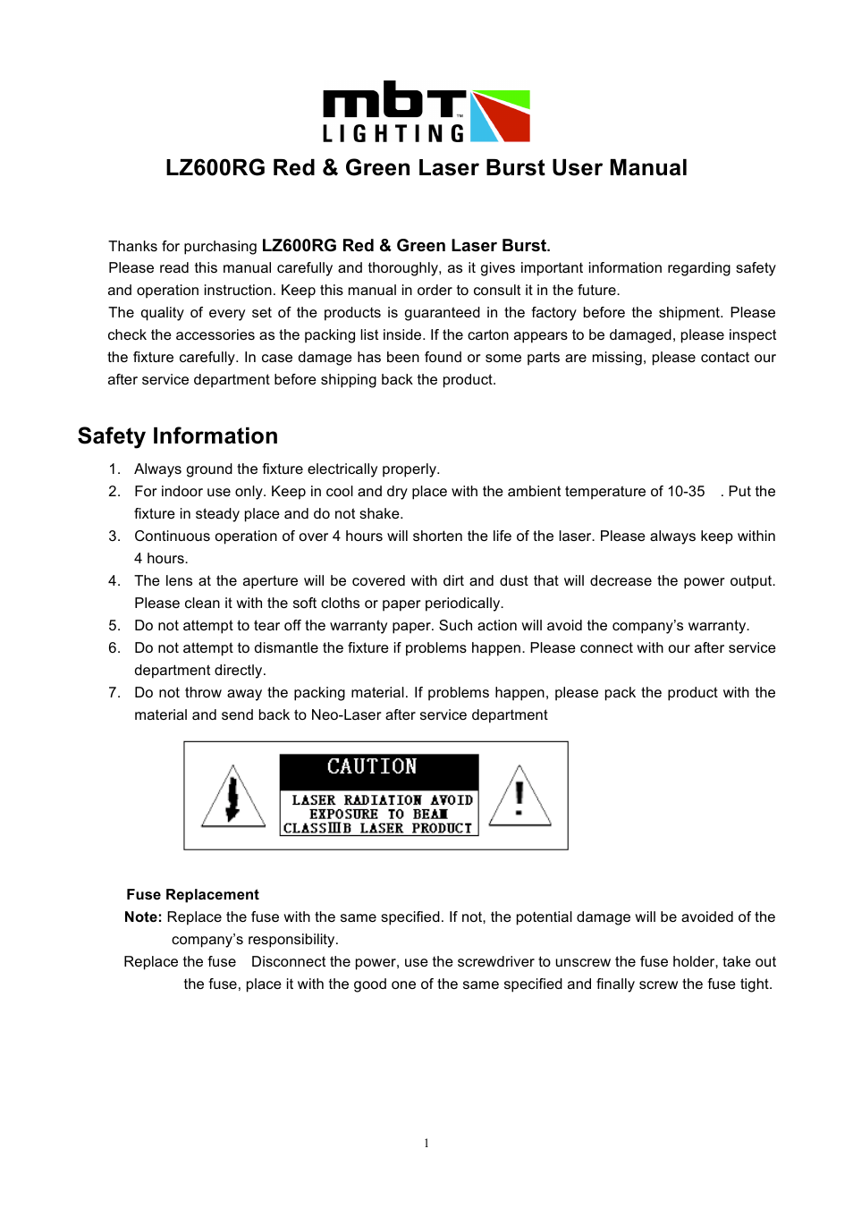 MBT Lighting LZ600RG User Manual | 6 pages