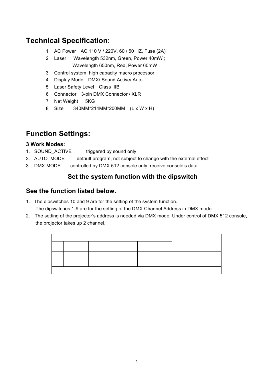 Technical specification, Function settings | MBT Lighting LZ600RG User Manual | Page 2 / 6