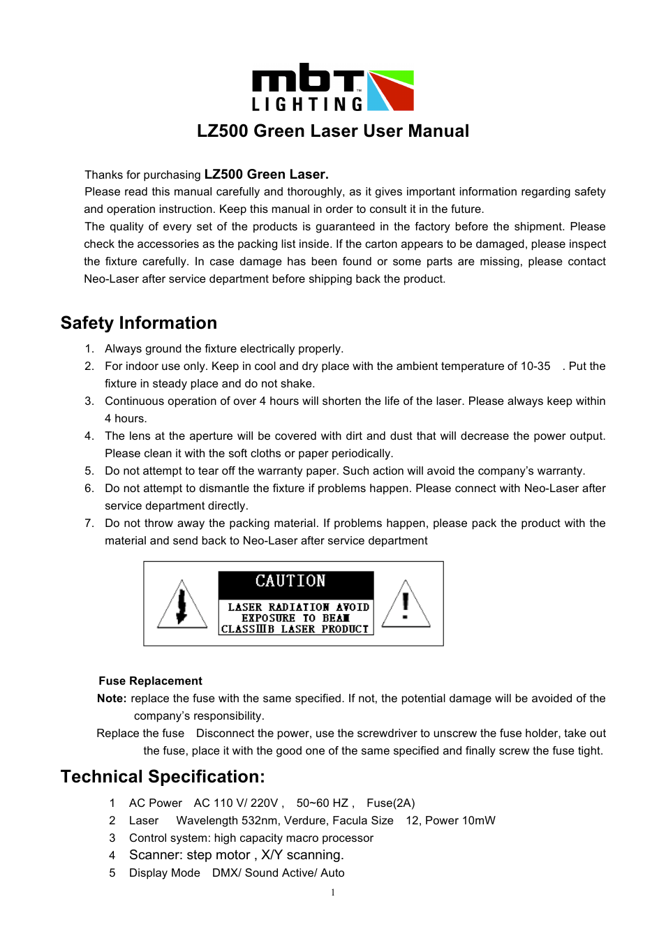 MBT Lighting LZ500 User Manual | 6 pages