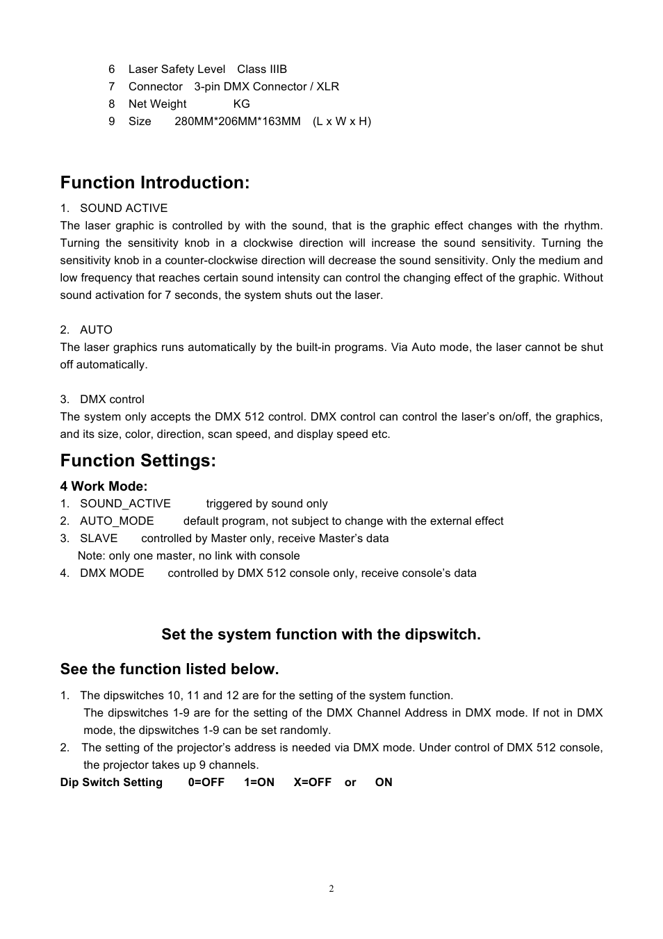 Function introduction, Function settings | MBT Lighting LZ500 User Manual | Page 2 / 6