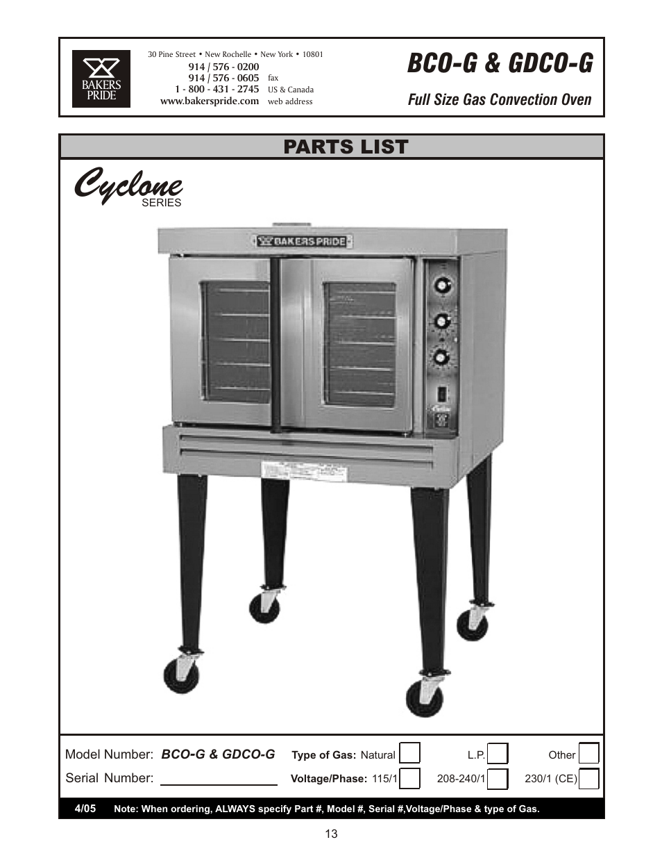 Cyclone, Bco-g & gdco-g, Parts list | Bakers Pride GDCO-G User Manual | Page 13 / 16