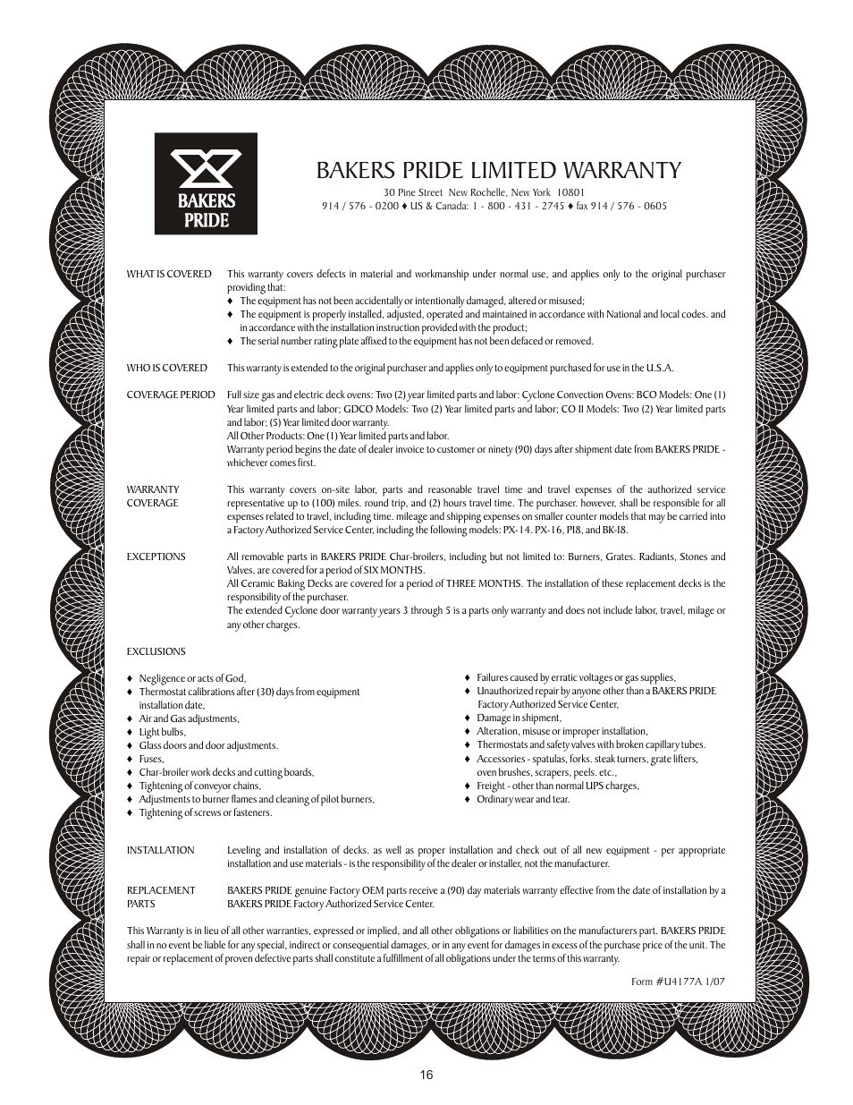 Bakers pride limited warranty | Bakers Pride GDCO-G User Manual | Page 16 / 16