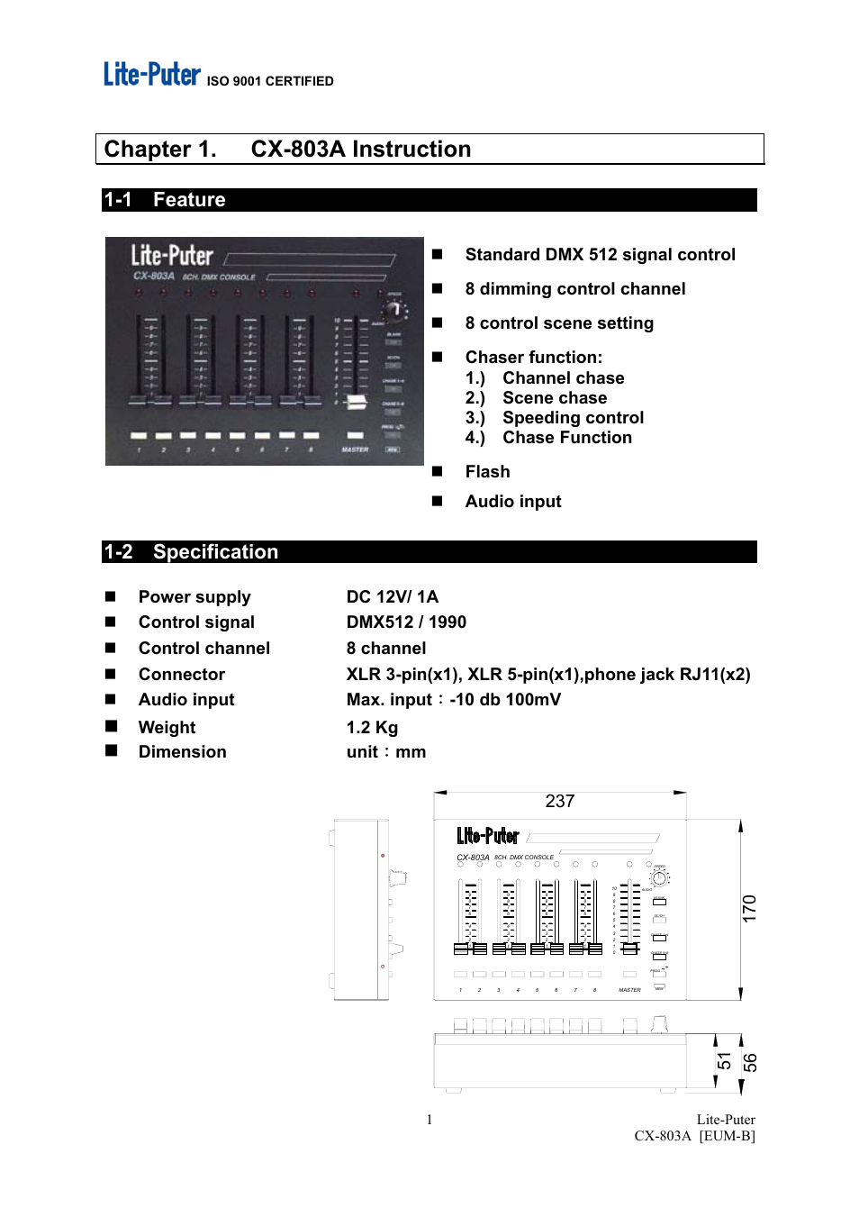Chapter 1. cx-803a instruction, 1 feature, 2 specification | Weight 1.2 kg, Dimension unit ： mm, Lite-puter cx-803a [eum-b] 1 | MBT Lighting CX803A User Manual | Page 2 / 7