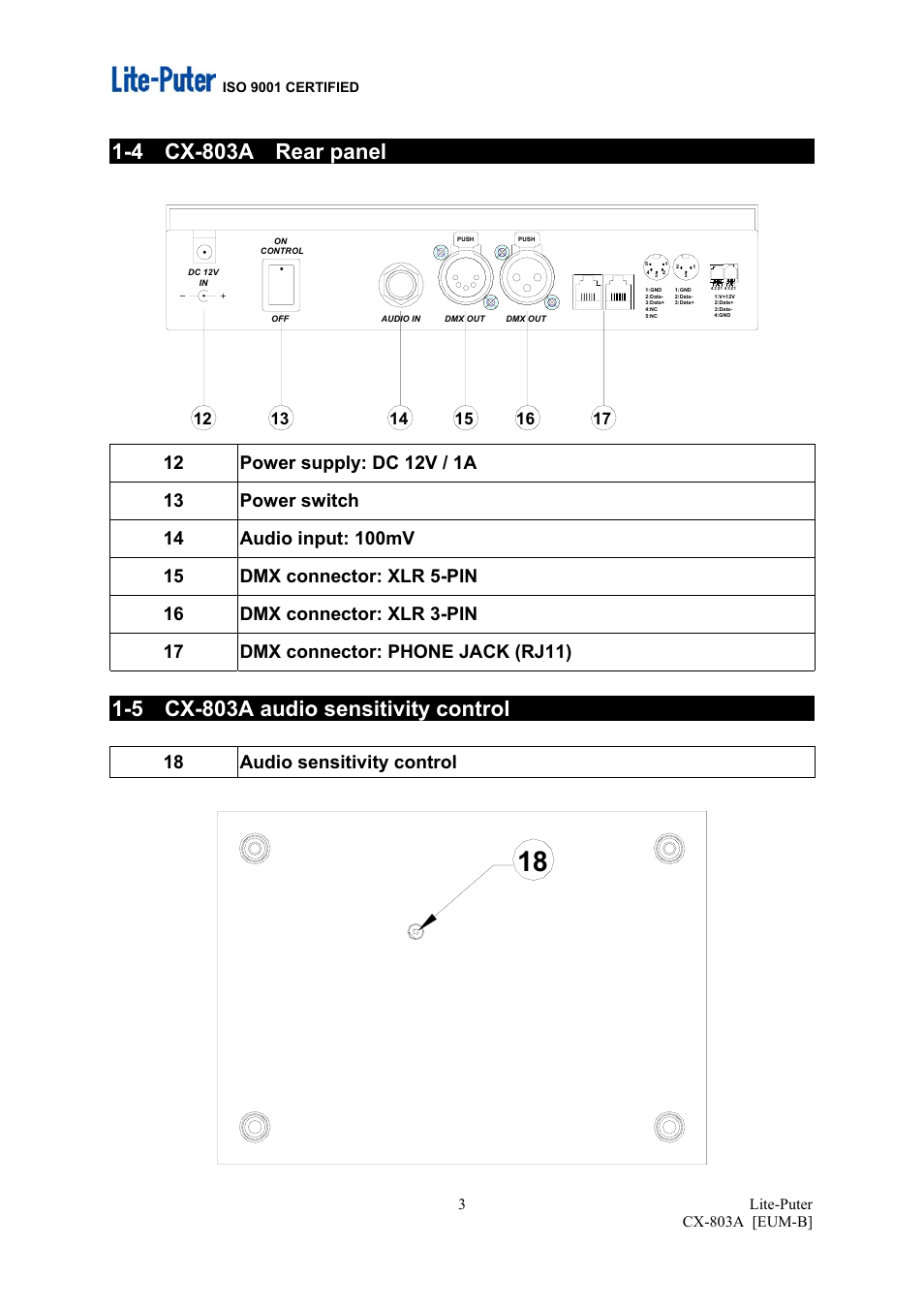 4 cx-803a rear panel, 5 cx-803a audio sensitivity control, 18 audio sensitivity control | Lite-puter cx-803a [eum-b] 3 | MBT Lighting CX803A User Manual | Page 4 / 7