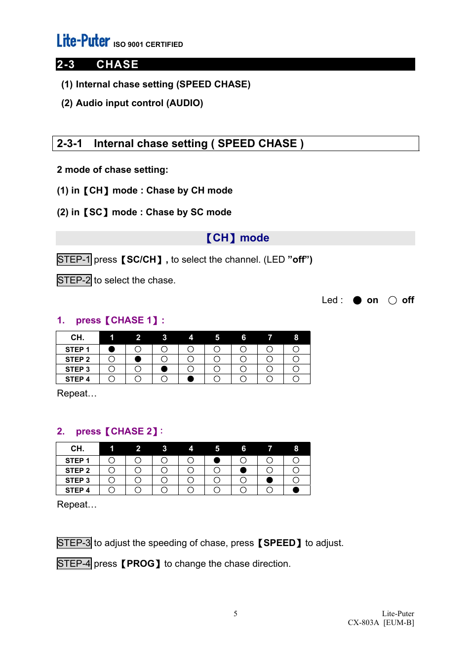 3 chase, 3-1 internal chase setting ( speed chase ), Ch 】 mode | Repeat… 2. press 【 chase 2 | MBT Lighting CX803A User Manual | Page 6 / 7