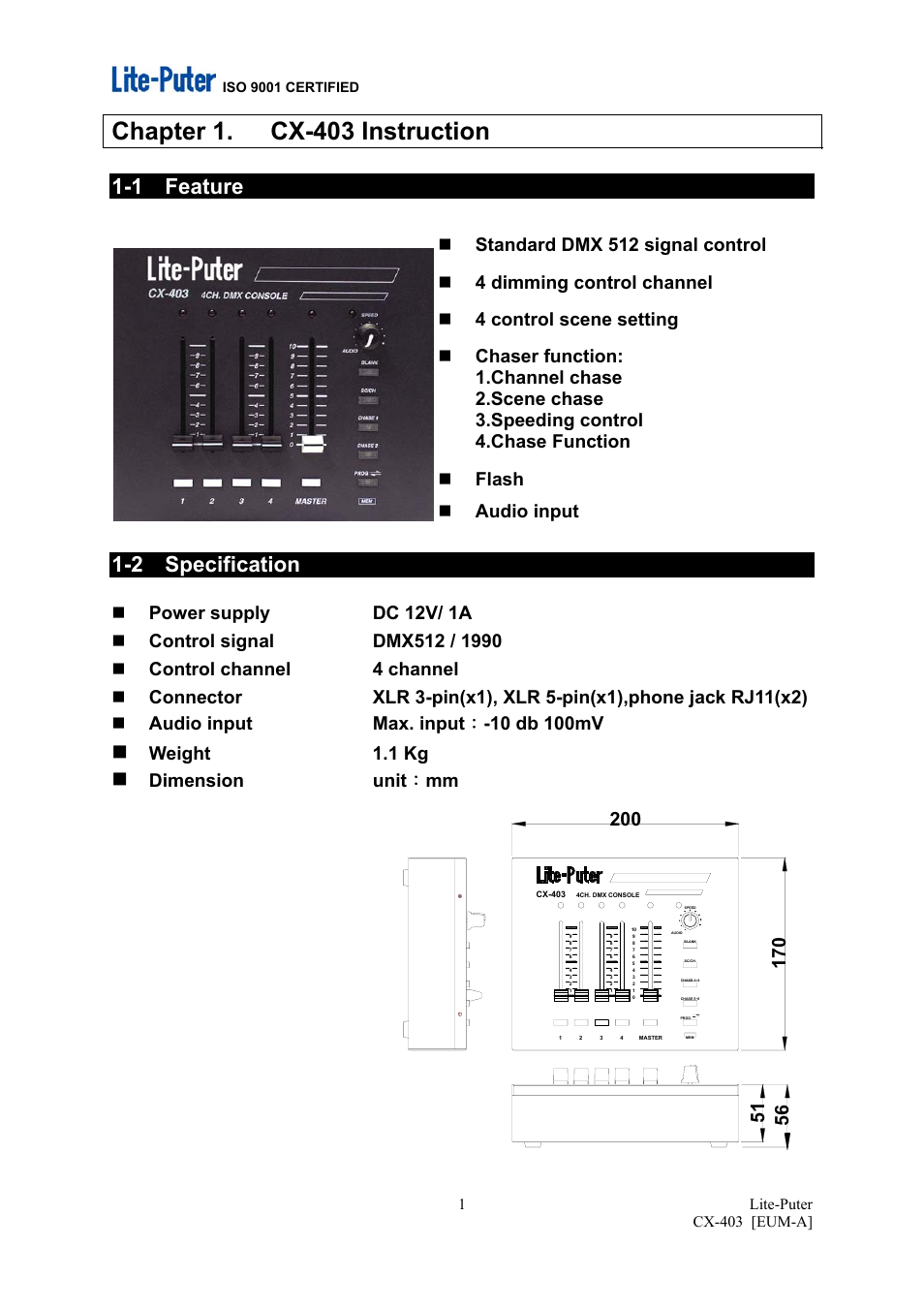 Chapter 1. cx-403 instruction, 1 feature, 2 specification | Weight 1.1 kg, Dimension unit ： mm | MBT Lighting CX403 User Manual | Page 2 / 7