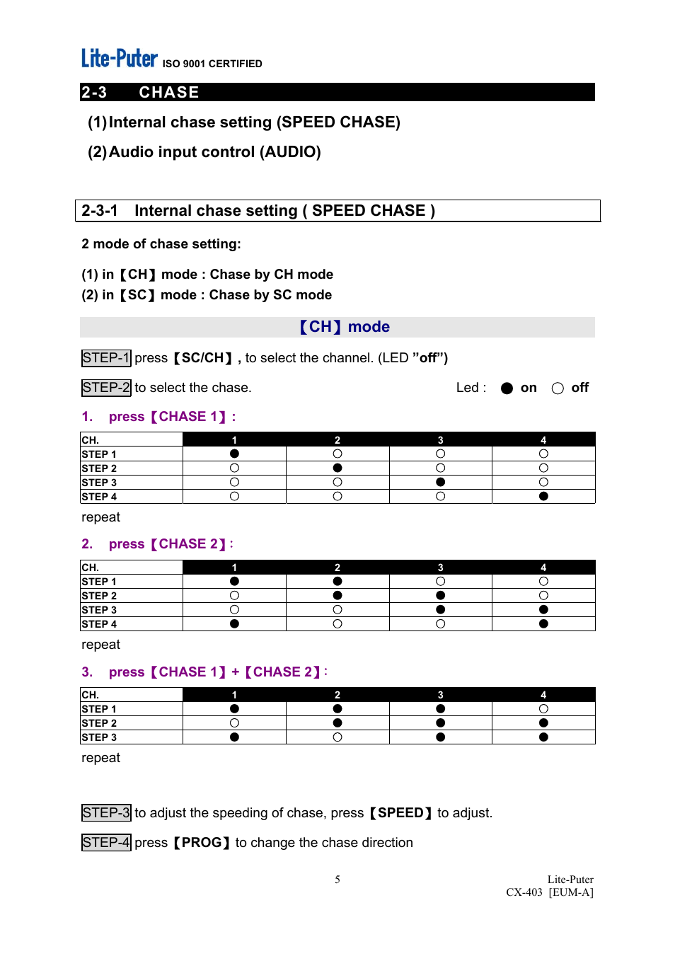 3-1 internal chase setting ( speed chase ), Ch 】 mode, Repeat 2. press 【 chase 2 | Repeat 3. press 【 chase 1 】 + 【 chase 2 | MBT Lighting CX403 User Manual | Page 6 / 7