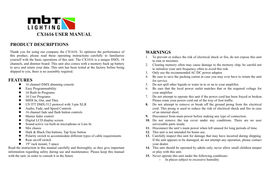 MBT Lighting CX1616 User Manual | 11 pages