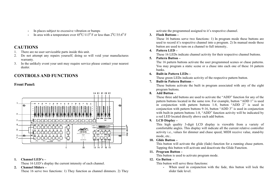 Cautions, Controls and functions | MBT Lighting CX1616 User Manual | Page 2 / 11