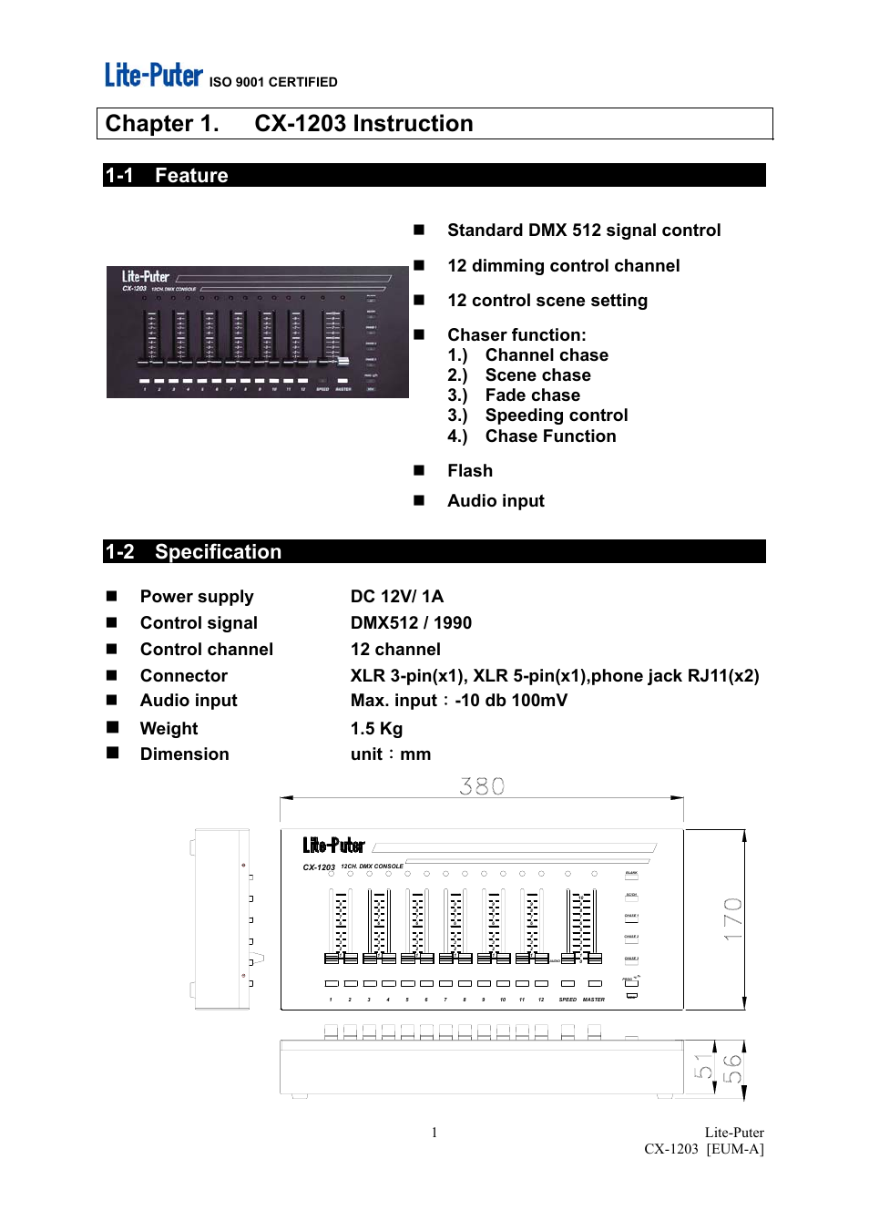 1 feature, 2 specification, Weight 1.5 kg | Dimension unit ： mm | MBT Lighting CX1203 User Manual | Page 2 / 7