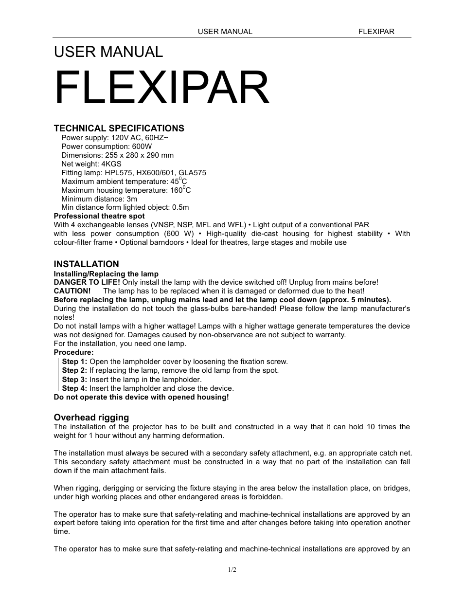 MBT Lighting FLEXIPAR User Manual | 2 pages