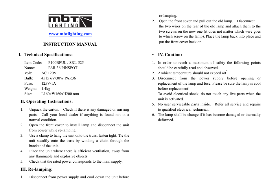 MBT Lighting P100BFUL User Manual | 1 page