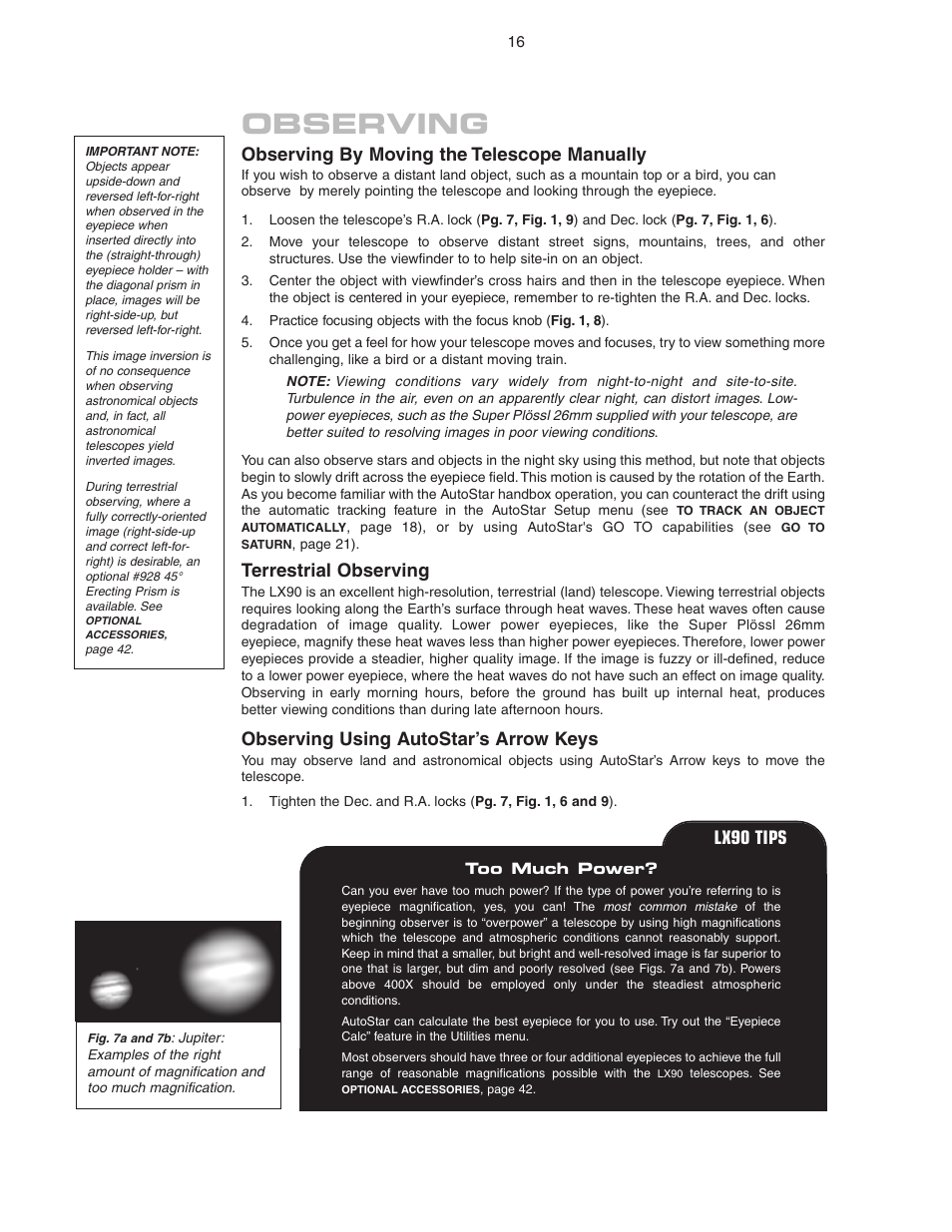 Observing, Observing by moving the telescope manually, Terrestrial observing | Observing using autostar’s arrow keys, Lx90 tips | Meade Instruments LX90 ACF/SC User Manual | Page 16 / 60