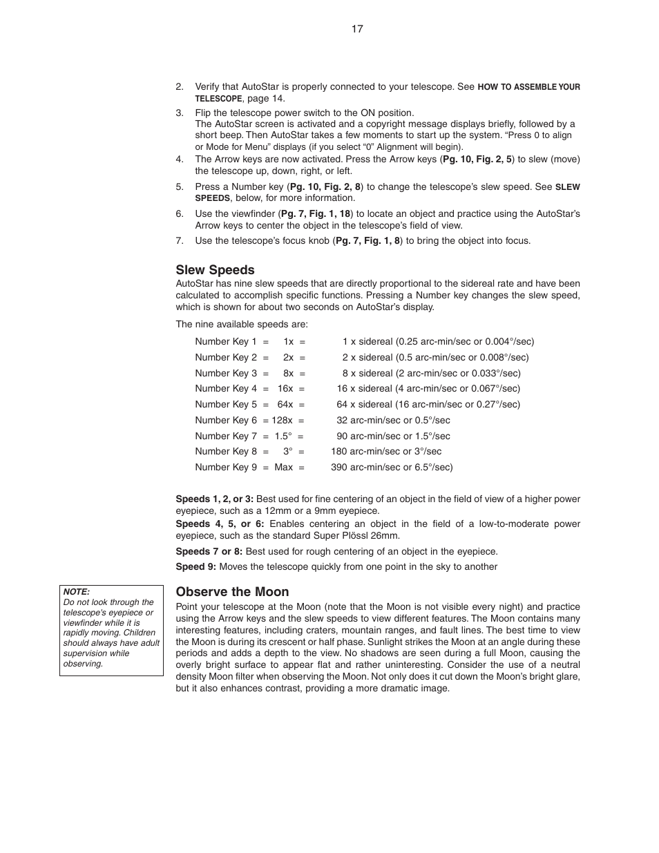 Slew speeds, Observe the moon | Meade Instruments LX90 ACF/SC User Manual | Page 17 / 60