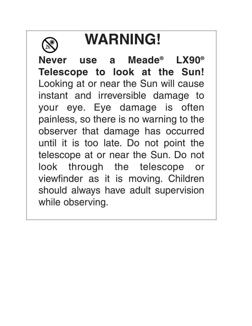 Warning | Meade Instruments LX90 ACF/SC User Manual | Page 2 / 60