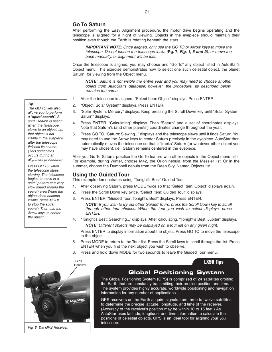 Go to saturn, Using the guided tour, Lx90 tips the global positioning system | Meade Instruments LX90 ACF/SC User Manual | Page 21 / 60