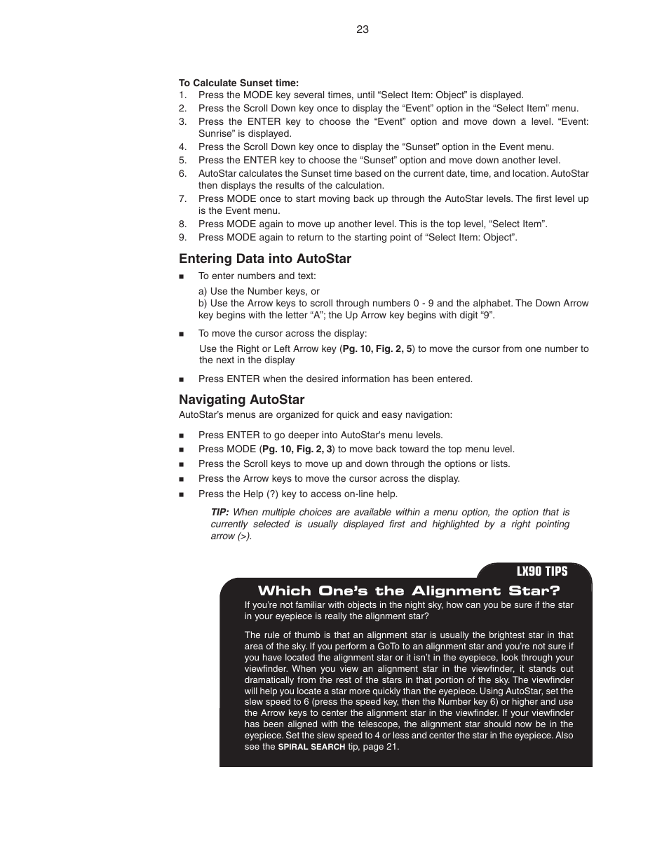 Entering data into autostar, Navigating autostar, Which one’s the alignment star | Lx90 tips | Meade Instruments LX90 ACF/SC User Manual | Page 23 / 60