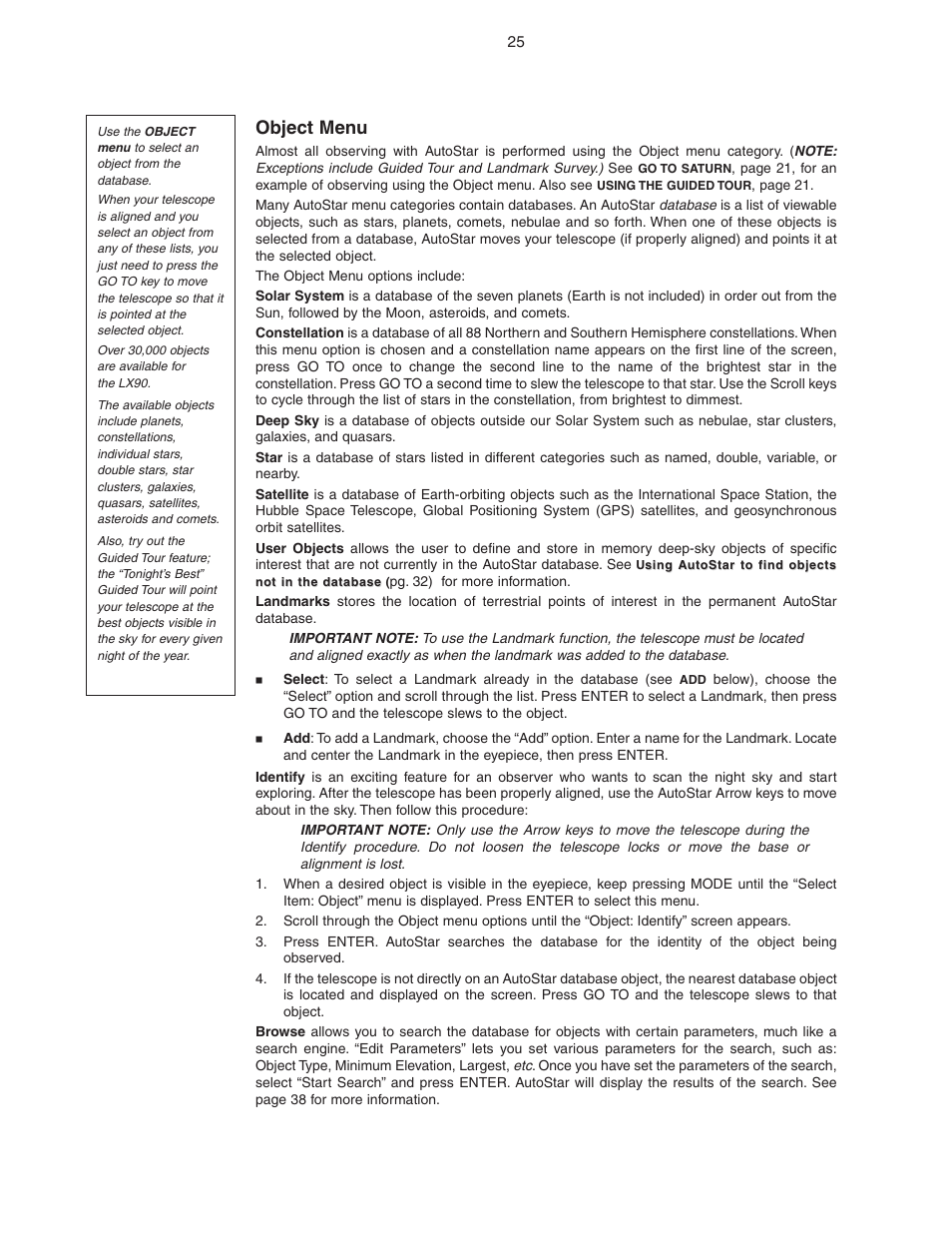 Object menu | Meade Instruments LX90 ACF/SC User Manual | Page 25 / 60
