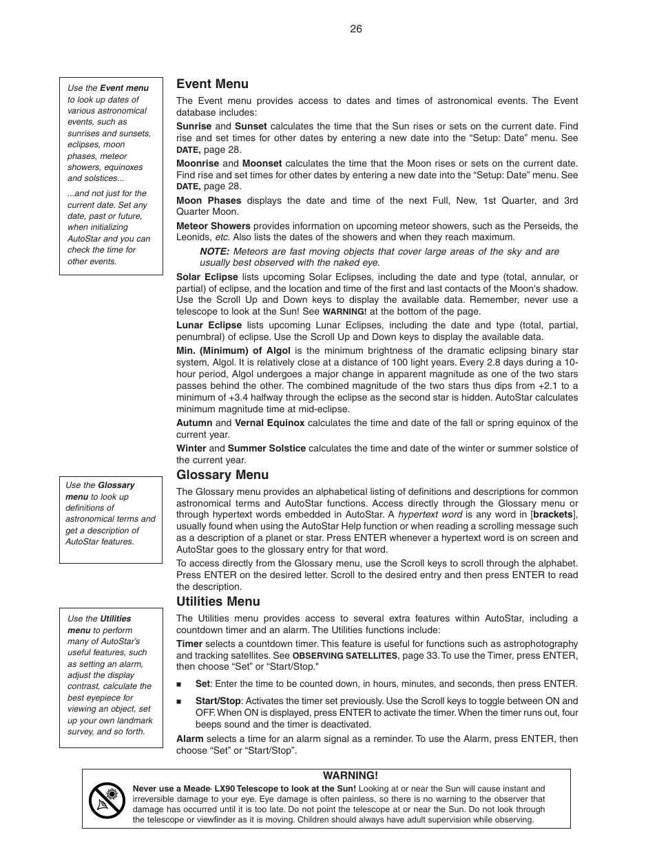 Event menu, Glossary menu, Utilities menu | Meade Instruments LX90 ACF/SC User Manual | Page 26 / 60