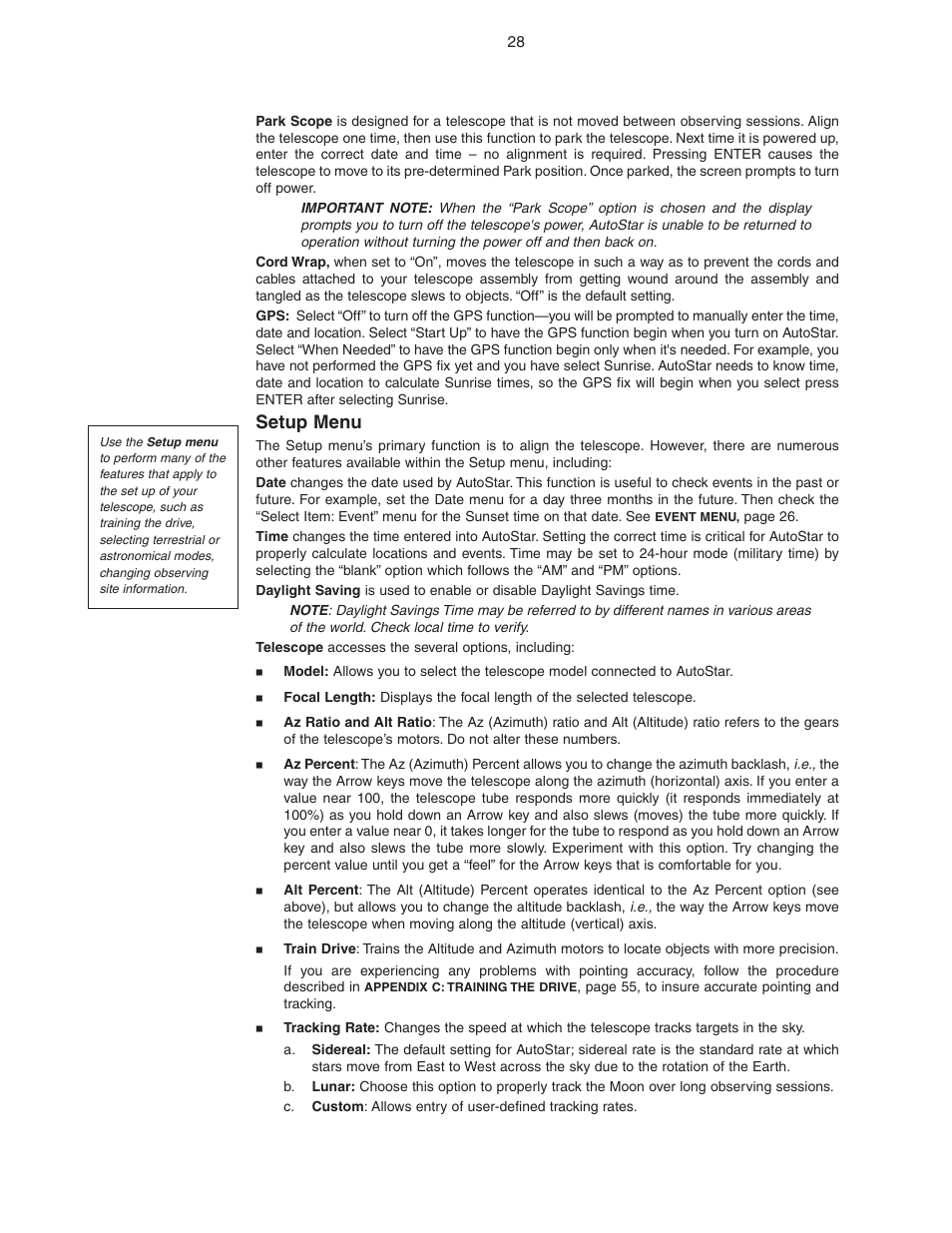 Setup menu | Meade Instruments LX90 ACF/SC User Manual | Page 28 / 60