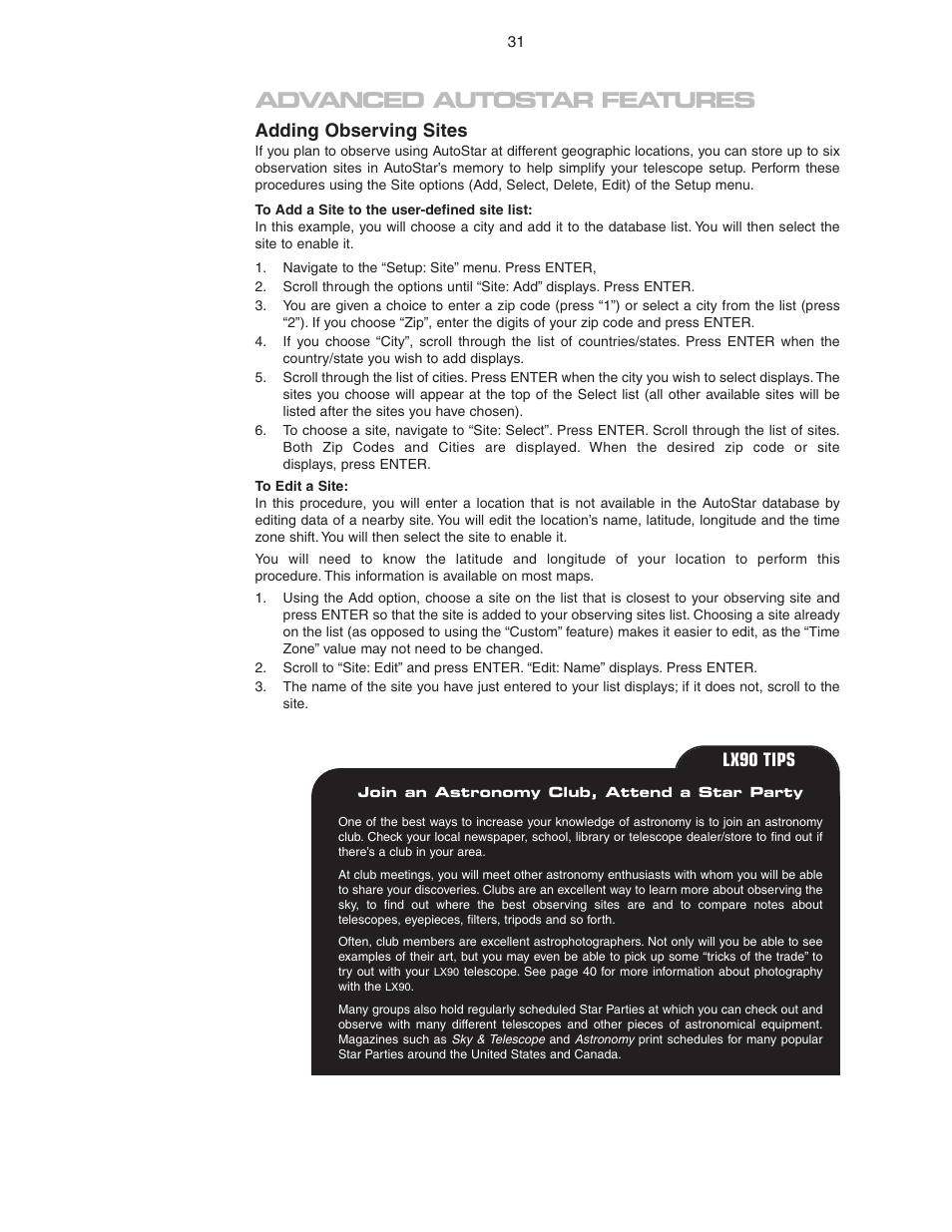 Advanced autostar features, Adding observing sites, Lx90 tips | Meade Instruments LX90 ACF/SC User Manual | Page 31 / 60