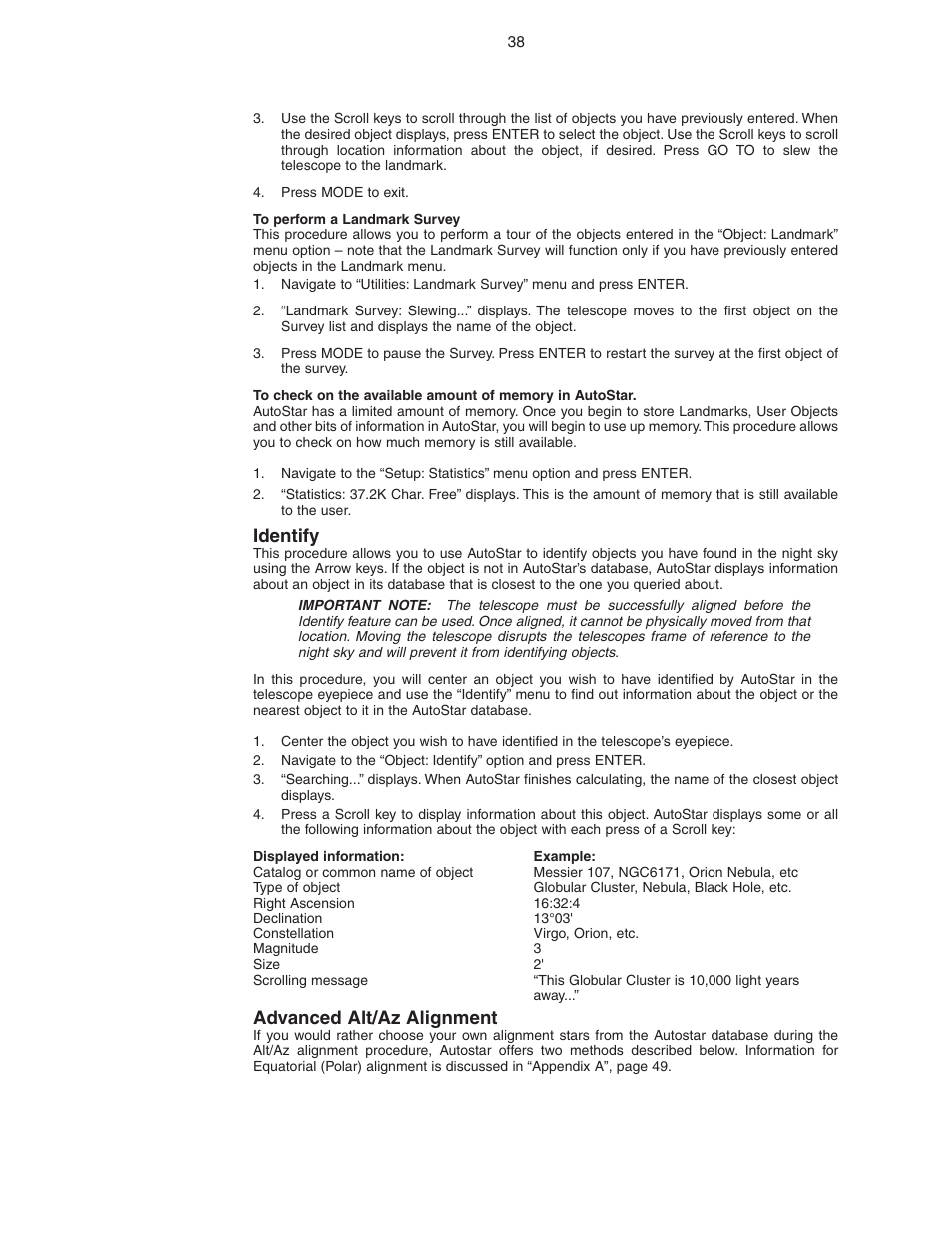 Identify, Advanced alt/az alignment | Meade Instruments LX90 ACF/SC User Manual | Page 38 / 60
