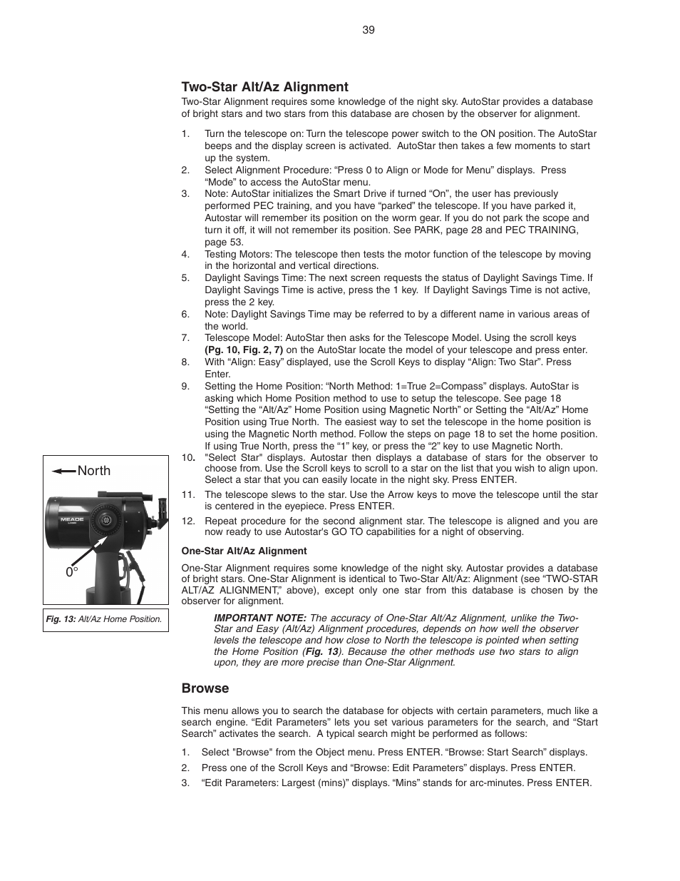 Two-star alt/az alignment, Browse, North 0 | Meade Instruments LX90 ACF/SC User Manual | Page 39 / 60