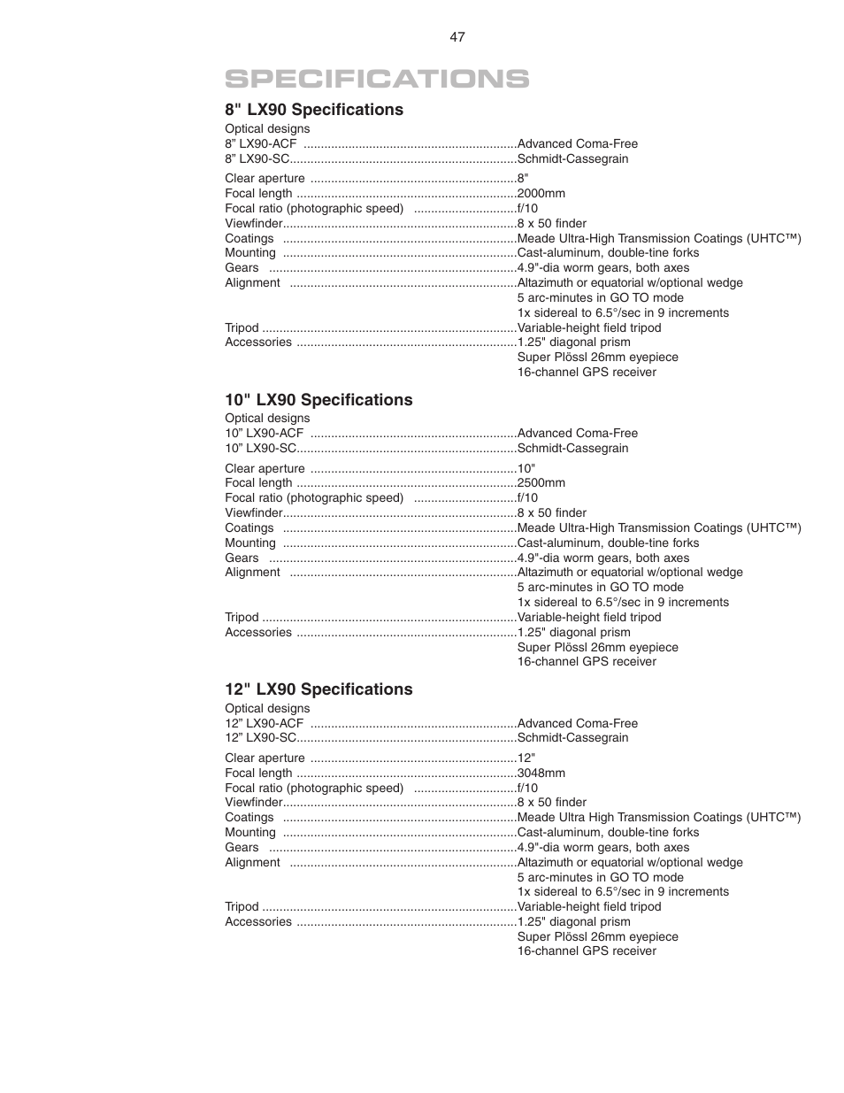 Specifications | Meade Instruments LX90 ACF/SC User Manual | Page 47 / 60