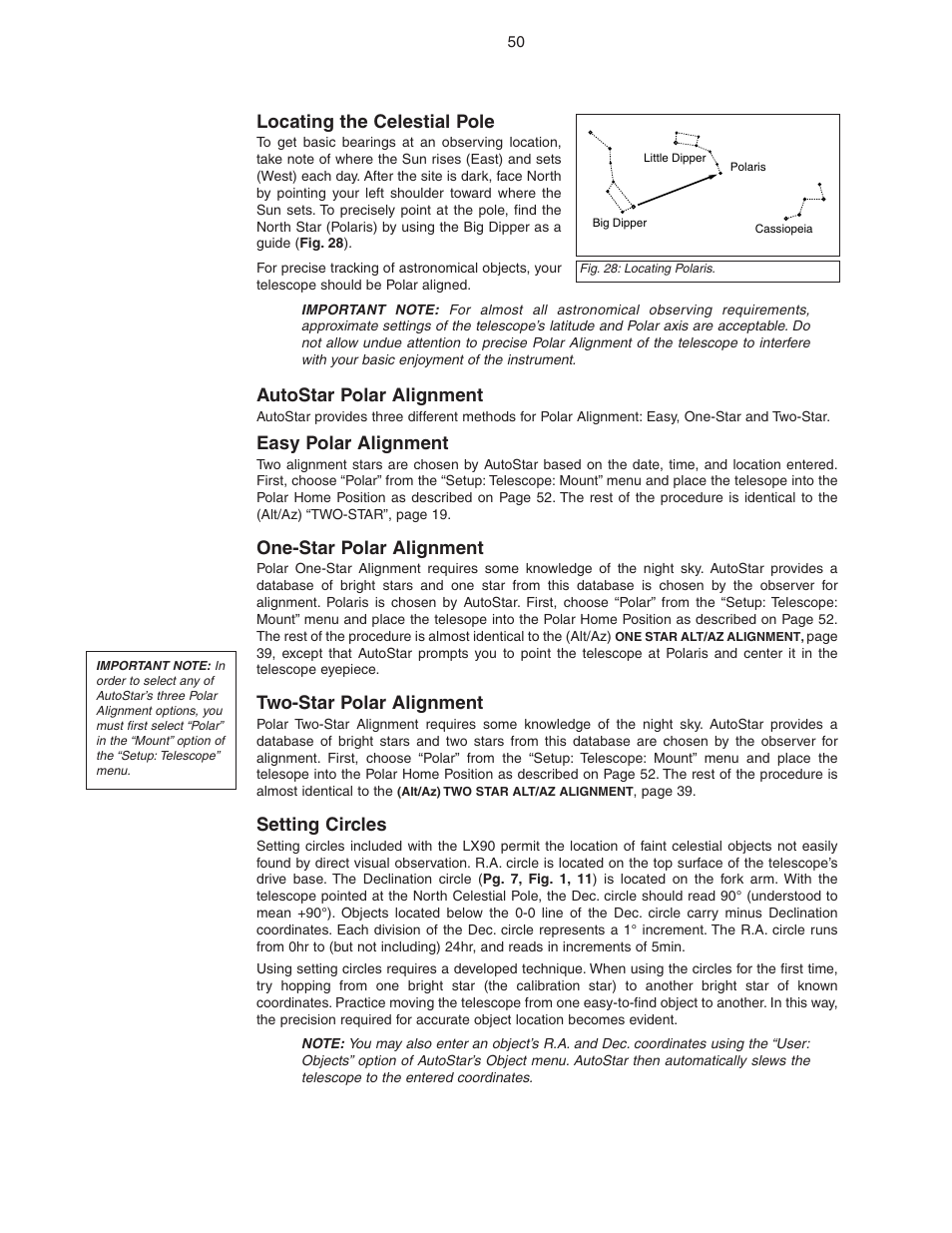 Locating the celestial pole, Autostar polar alignment, Easy polar alignment | One-star polar alignment, Two-star polar alignment, Setting circles | Meade Instruments LX90 ACF/SC User Manual | Page 50 / 60