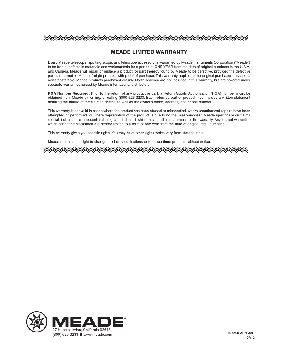 Meade limited warranty | Meade Instruments LX90 ACF/SC User Manual | Page 60 / 60