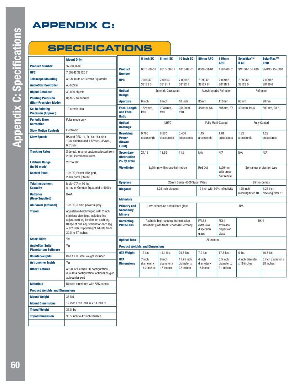 Appendix c: specifications | Meade Instruments LX80 User Manual | Page 60 / 72