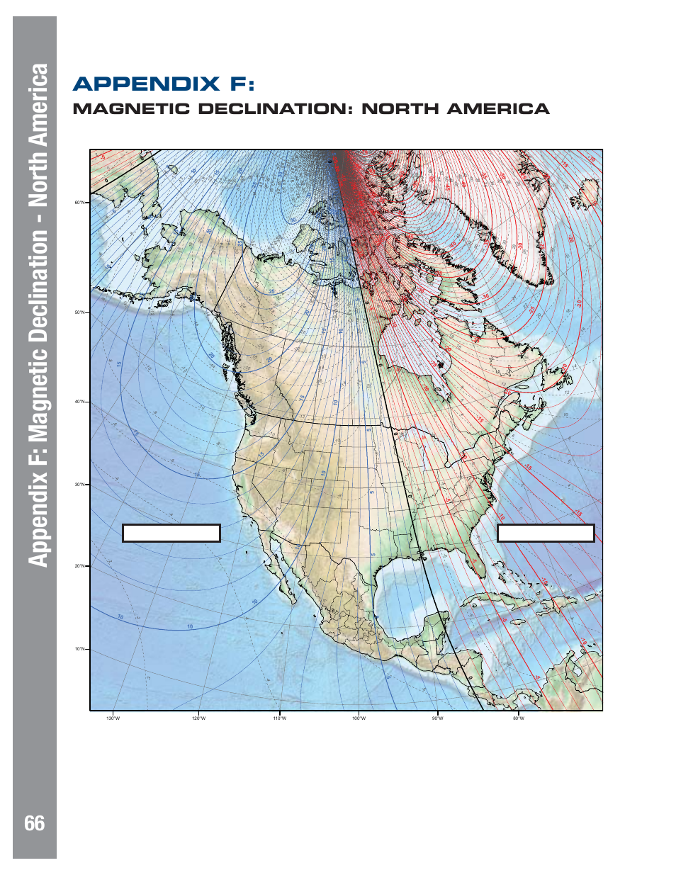 Appendix f, Magnetic declination: north america, West declination east declination | Meade Instruments LX80 User Manual | Page 66 / 72