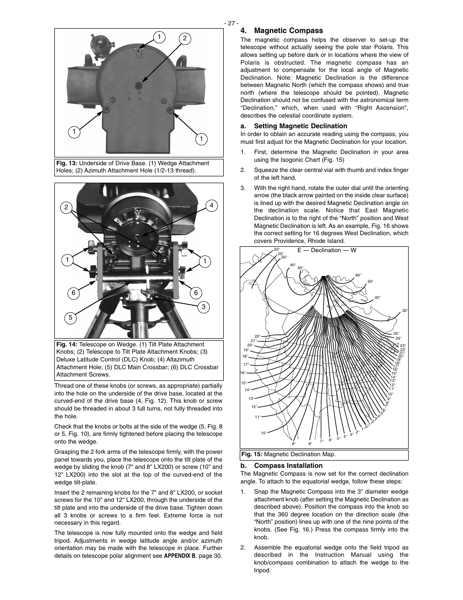 Magnetic compass, A. setting magnetic declination, B. compass installation | Meade Instruments LX200 Classic User Manual | Page 27 / 64