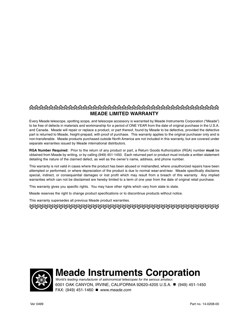 Meade instruments corporation | Meade Instruments LX200 Classic User Manual | Page 64 / 64