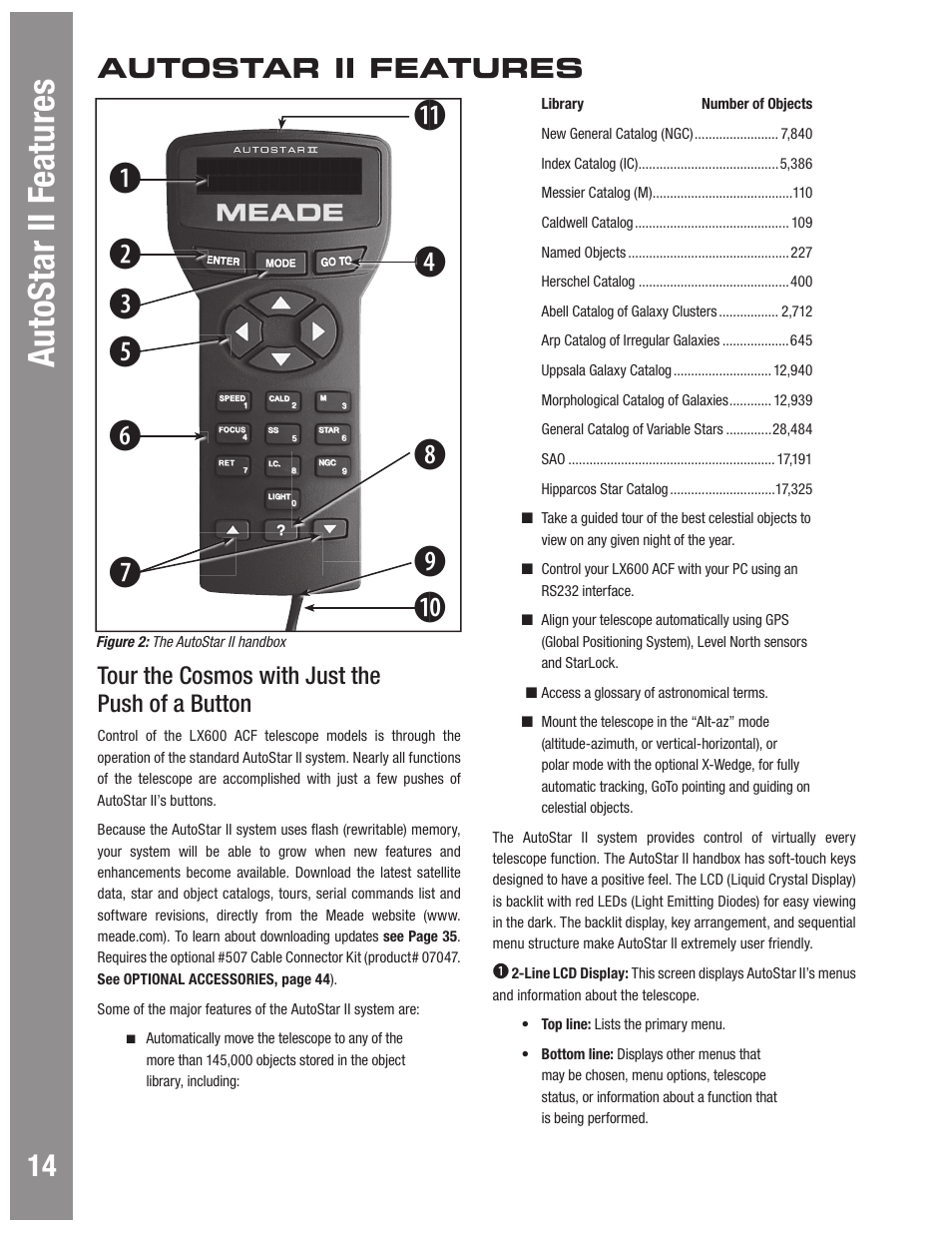 Autostar #497 handbox autostar ii f eatures, Autostar ii features, Tour the cosmos with just the push of a button | Meade Instruments LX600 User Manual | Page 14 / 72