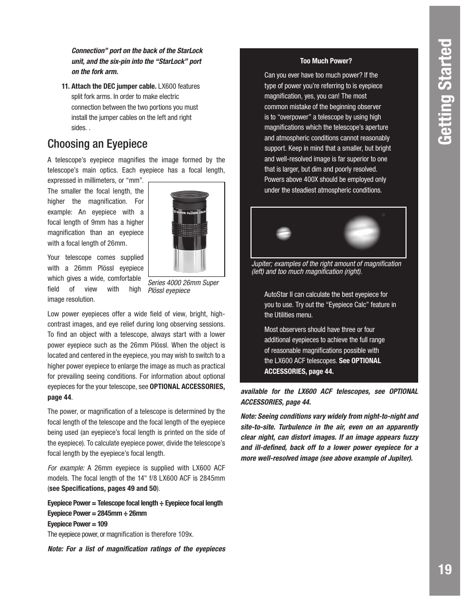 Getting started, Choosing an eyepiece | Meade Instruments LX600 User Manual | Page 19 / 72