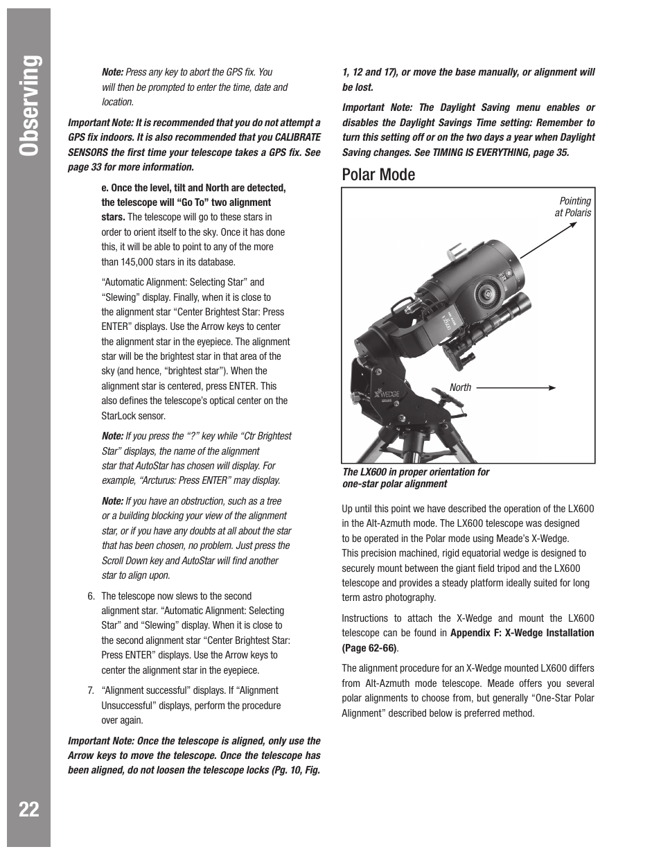 Autostar #497 handbox obser ving, Polar mode | Meade Instruments LX600 User Manual | Page 22 / 72