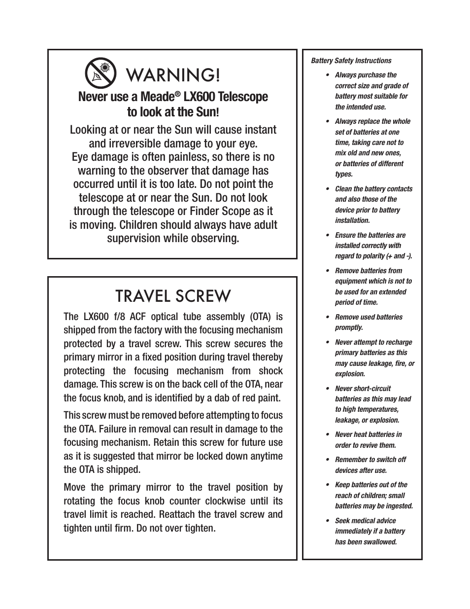 Warning, Travel screw, Never use a meade | Lx600 telescope to look at the sun | Meade Instruments LX600 User Manual | Page 3 / 72
