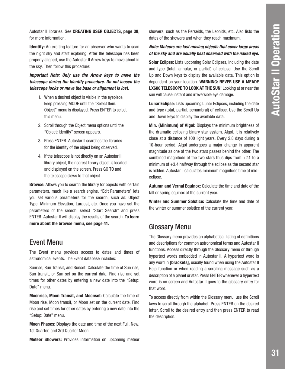 Autostar ii operation, Event menu, Glossary menu | Meade Instruments LX600 User Manual | Page 31 / 72