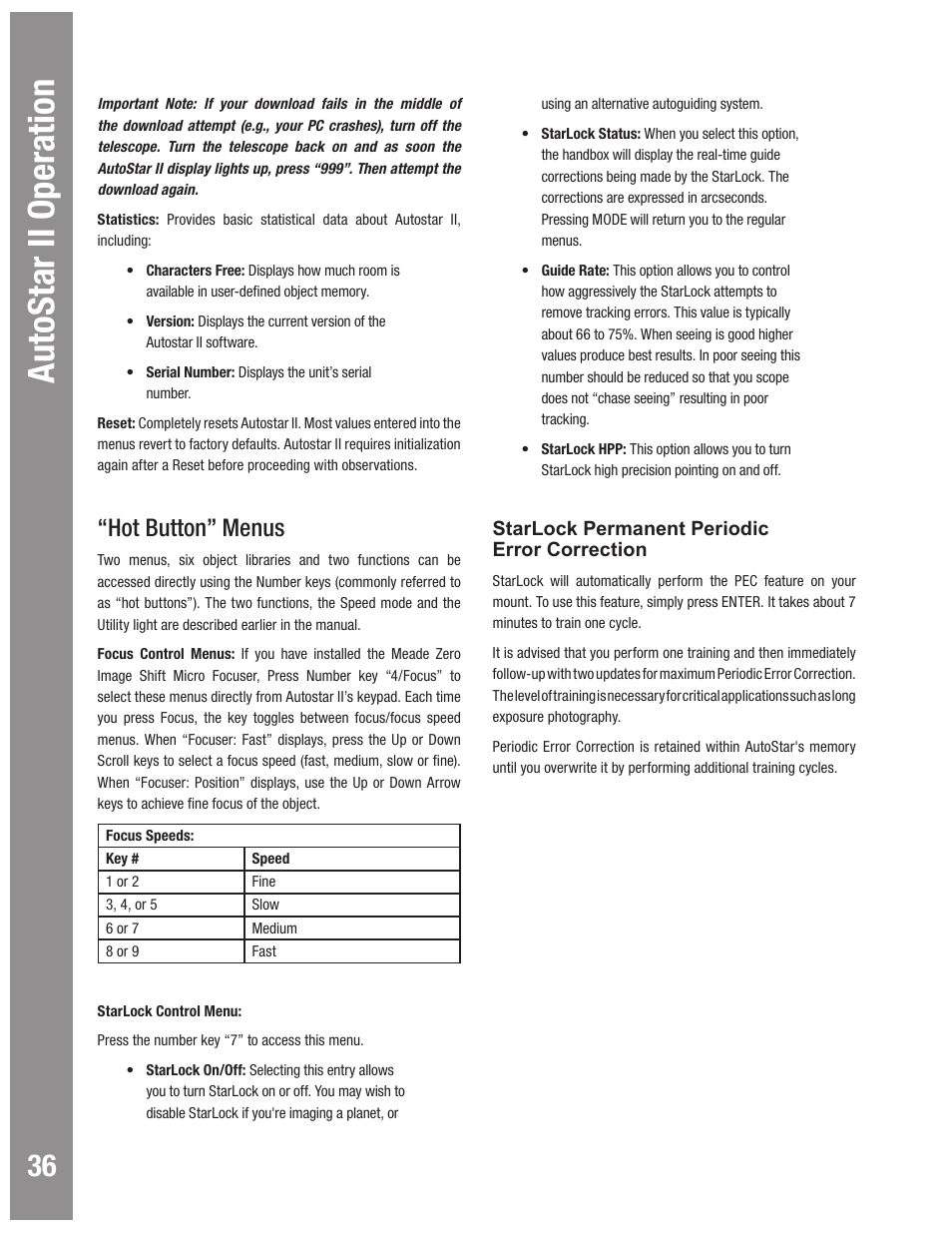 Autostar #497 handbox autostar ii operation, Hot button” menus | Meade Instruments LX600 User Manual | Page 36 / 72