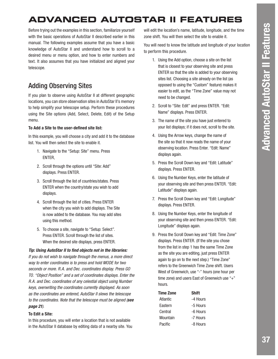Adv anced autostar ii f eatures, Advanced autostar ii features, Adding observing sites | Meade Instruments LX600 User Manual | Page 37 / 72