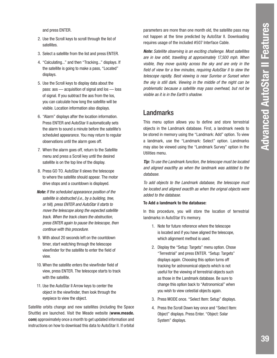 Adv anced autostar ii f eatures, Landmarks | Meade Instruments LX600 User Manual | Page 39 / 72